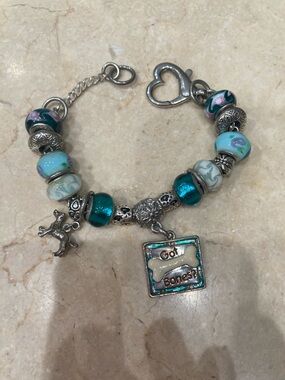 Beaded, ‘Got Bones” Dog Charm Bracelet with Teal, Aqua & Pink Glass Beads